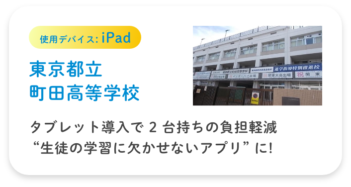 使用デバイス:iPad【東京都立町田高等学校】タブレット導入で 2 台持ちの負担軽減 “生徒の学習に欠かせないアプリ” に!
