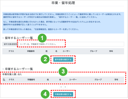 画面ショット:卒業・留年処理画面での手順