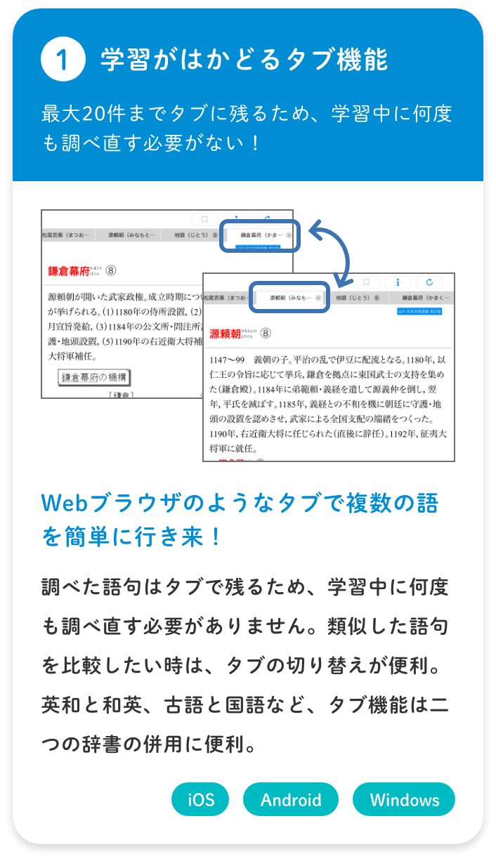 【①学習がはかどるタブ機能／最大20件までタブに残るため、学習中に何度も調べ直す必要がない！】Webブラウザのようなタブで複数の語を簡単に行き来！／調べた語句はタブで残るため、学習中に何度も調べ直す必要がありません。類似した語句を比較したい時は、タブの切り替えが便利。英和と和英、古語と国語など、タブ機能は二つの辞書の併用に便利。