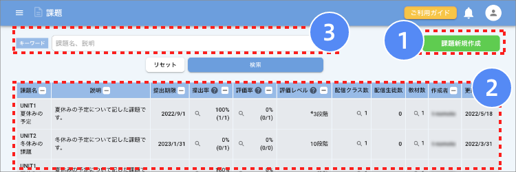 画面ショット：配信済の課題内容一覧