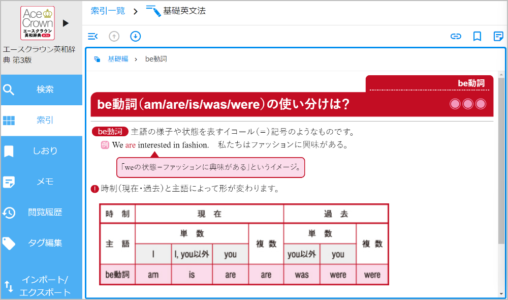 エースクラウン英和辞典の「基礎文法」の項目例