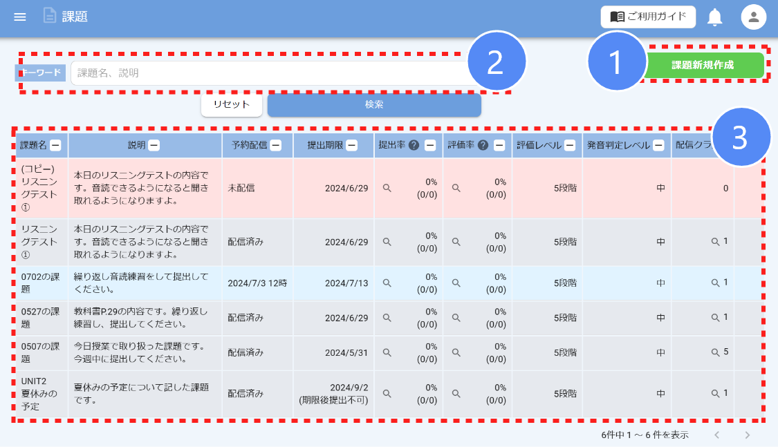 画面ショット：配信済の課題内容一覧